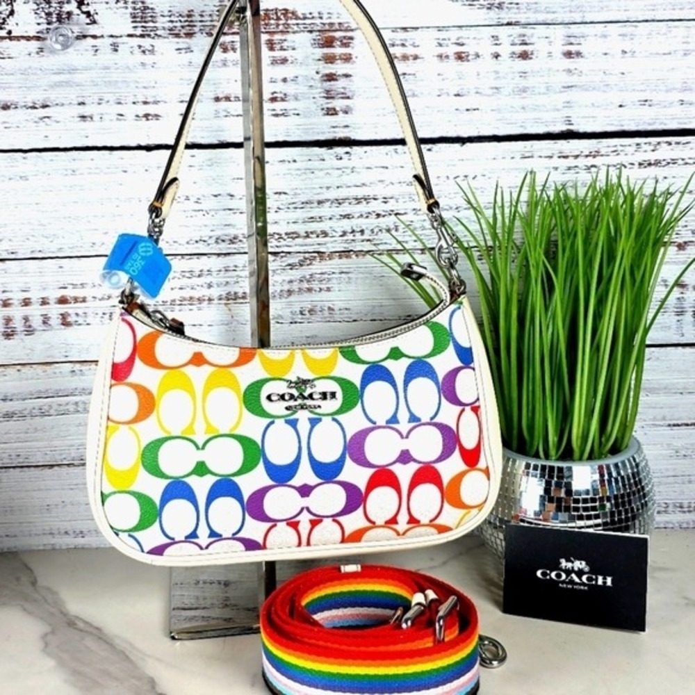 COACH TERI HAND SHOULDER SMALL BAG SIGNATURE RAINBOW CANVAS MULTI SUMMER PURSEβ - Picture 2 of 16